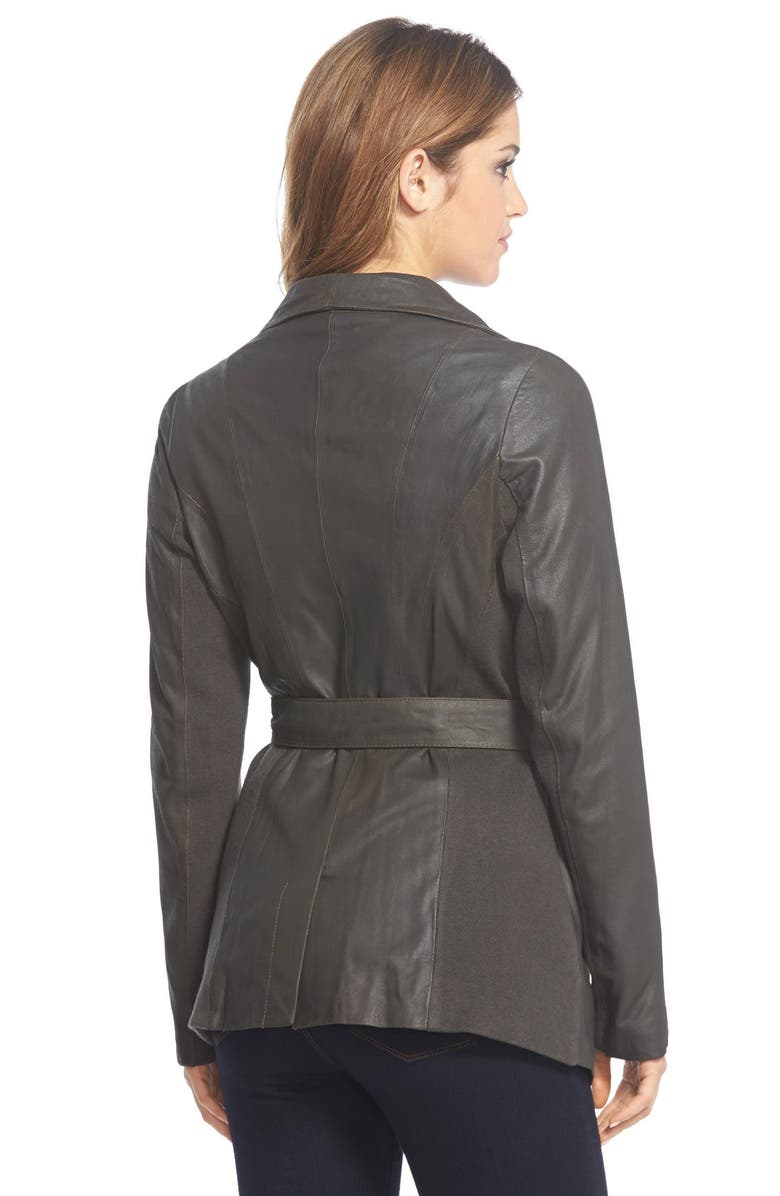 Elie Tahari 'Isabelle' Asymmetrical Knit Trim Leather Wrap Jacket, Alternate, color, 