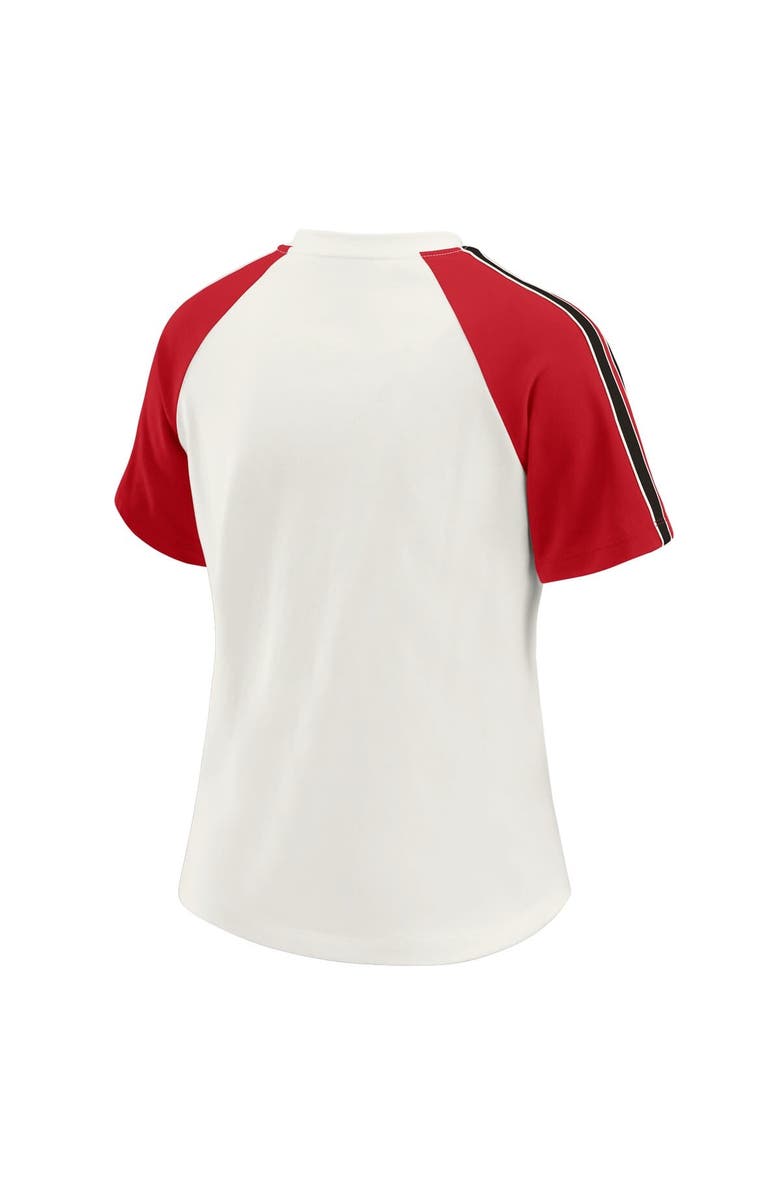 WEAR by Erin Andrews Women's WEAR by Erin Andrews White Atlanta Falcons Sleeve Stripe Distressed Raglan T-Shirt, Alternate, color, White