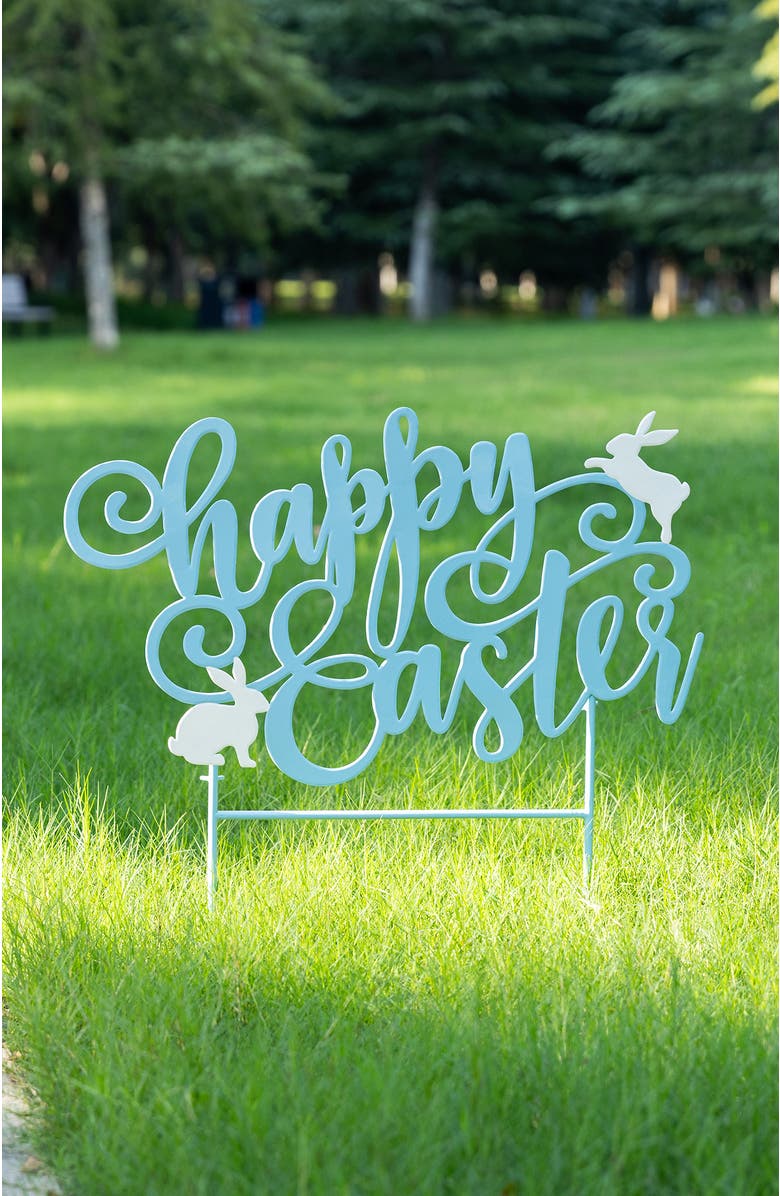 Glitzhome 24"L Metal Blue Happy Easter Yard Stake, Alternate, color, Blue
