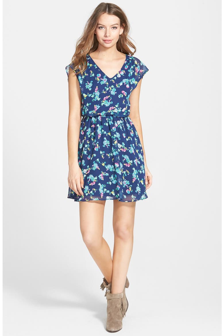 V-Neck Chiffon Dress, Main, color, NAVY FLORAL
