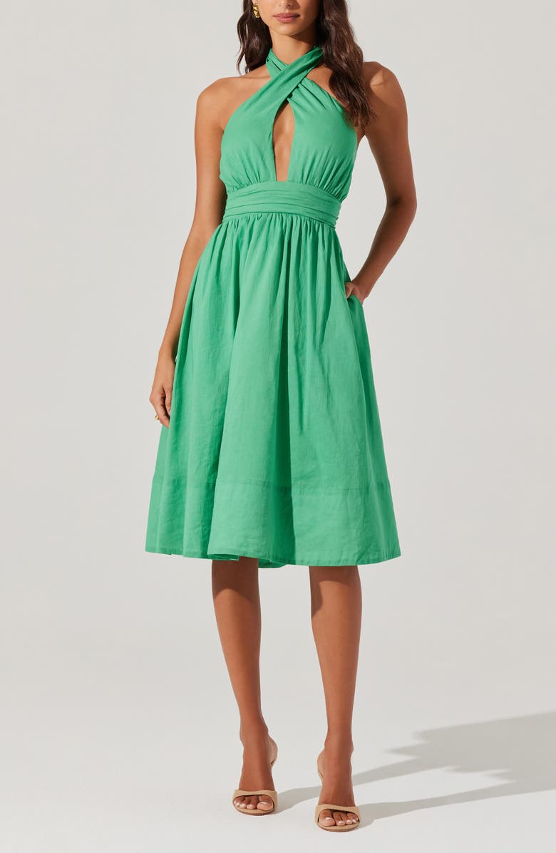 ASTR the Label Kalia Halter Neck Linen & Cotton Dress, Alternate, color, Green