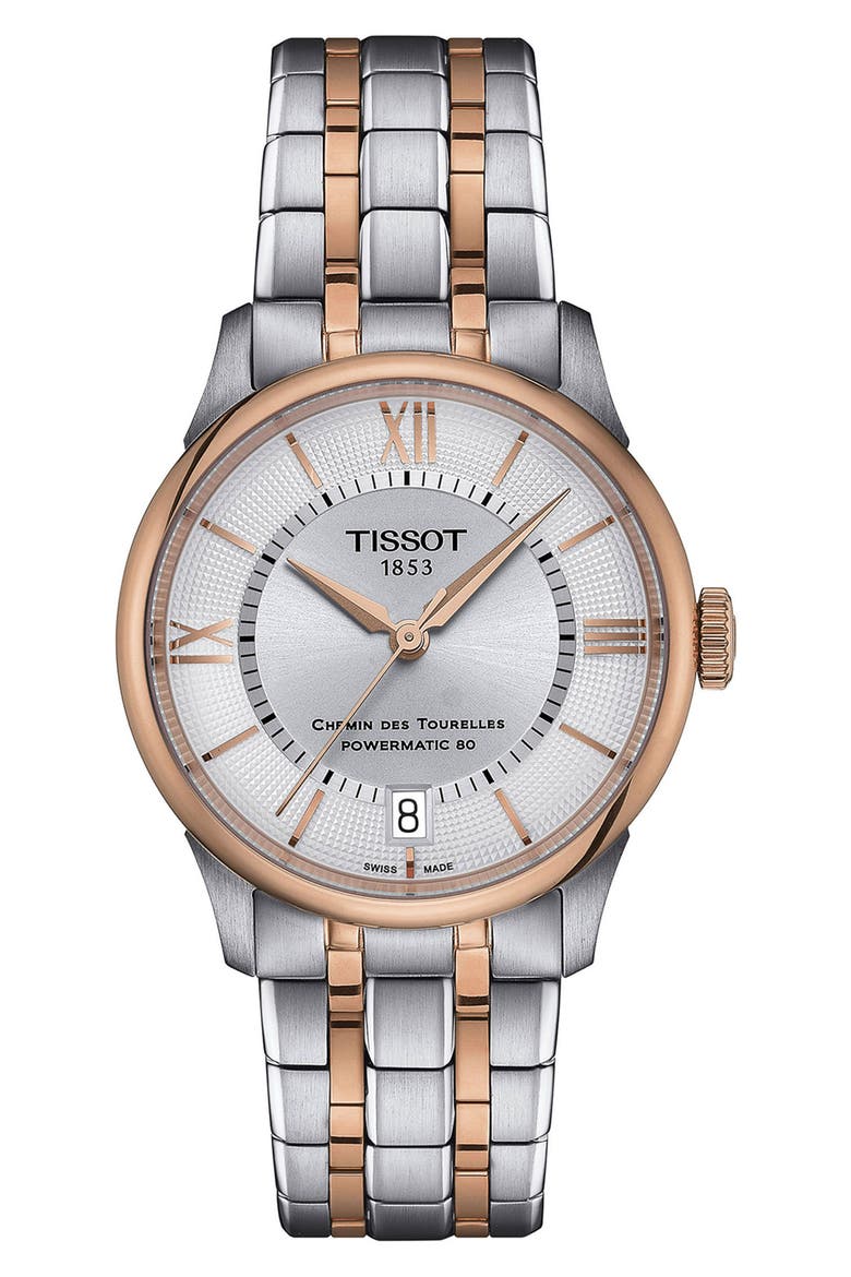 Chemin des Tourelles Powermatic 80 Bracelet Watch, 34mm, Main, color, SILVER/ ROSE GOLD
