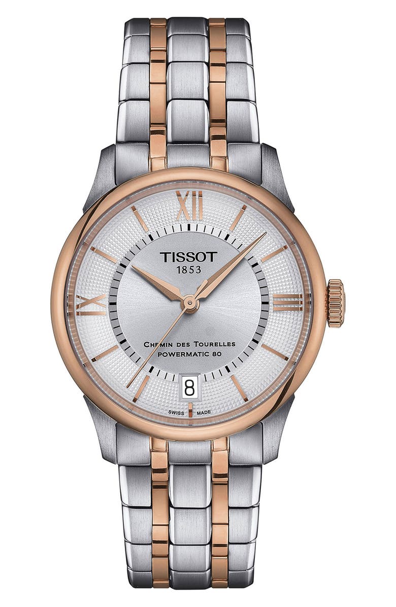 Tissot Chemin des Tourelles Powermatic 80 Bracelet Watch, 34mm, Main, color, Silver/ Rose Gold