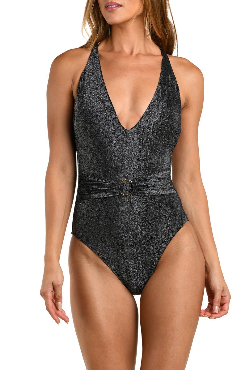L'AGENCE Lisa Sparkle Plunge One-Piece Swimsuit, Main, color, Black