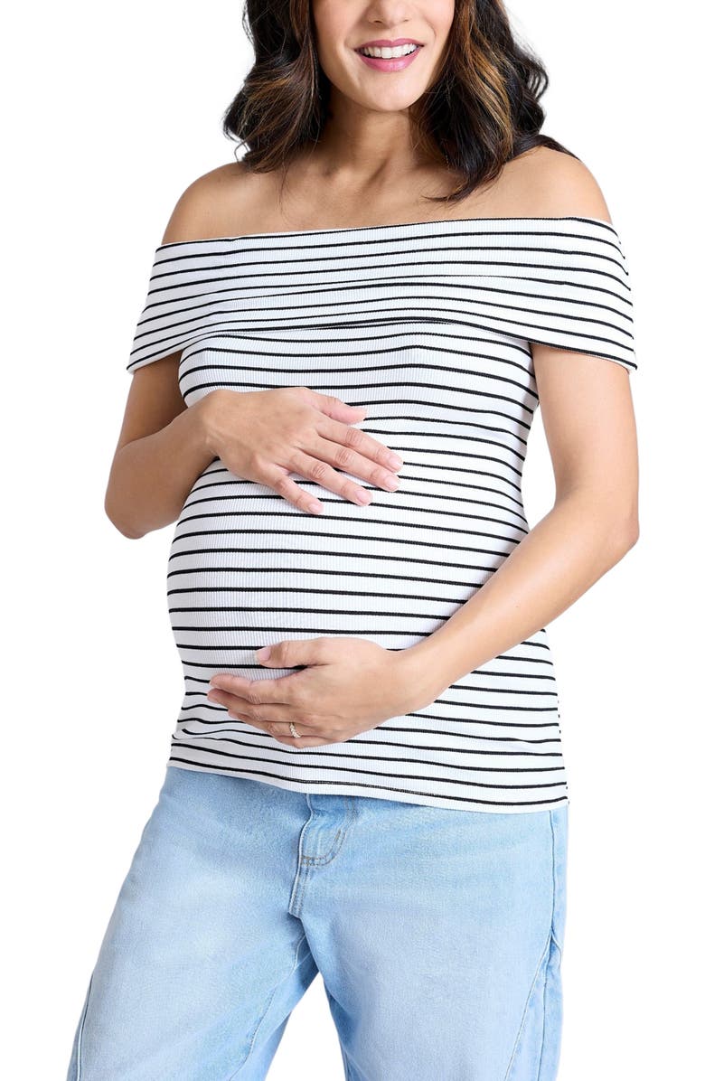 MOTHERHOOD MATERNITY Rib Knit Short Sleeve Off The Shoulder Top, Alternate, color, White & Black Stripe