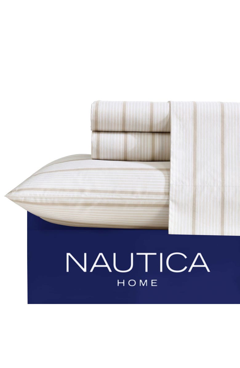 Nautica Merrick Stripe 200 Thread Count Cotton Percale Sheet Set, Alternate, color, Beige/ Sea Wheat