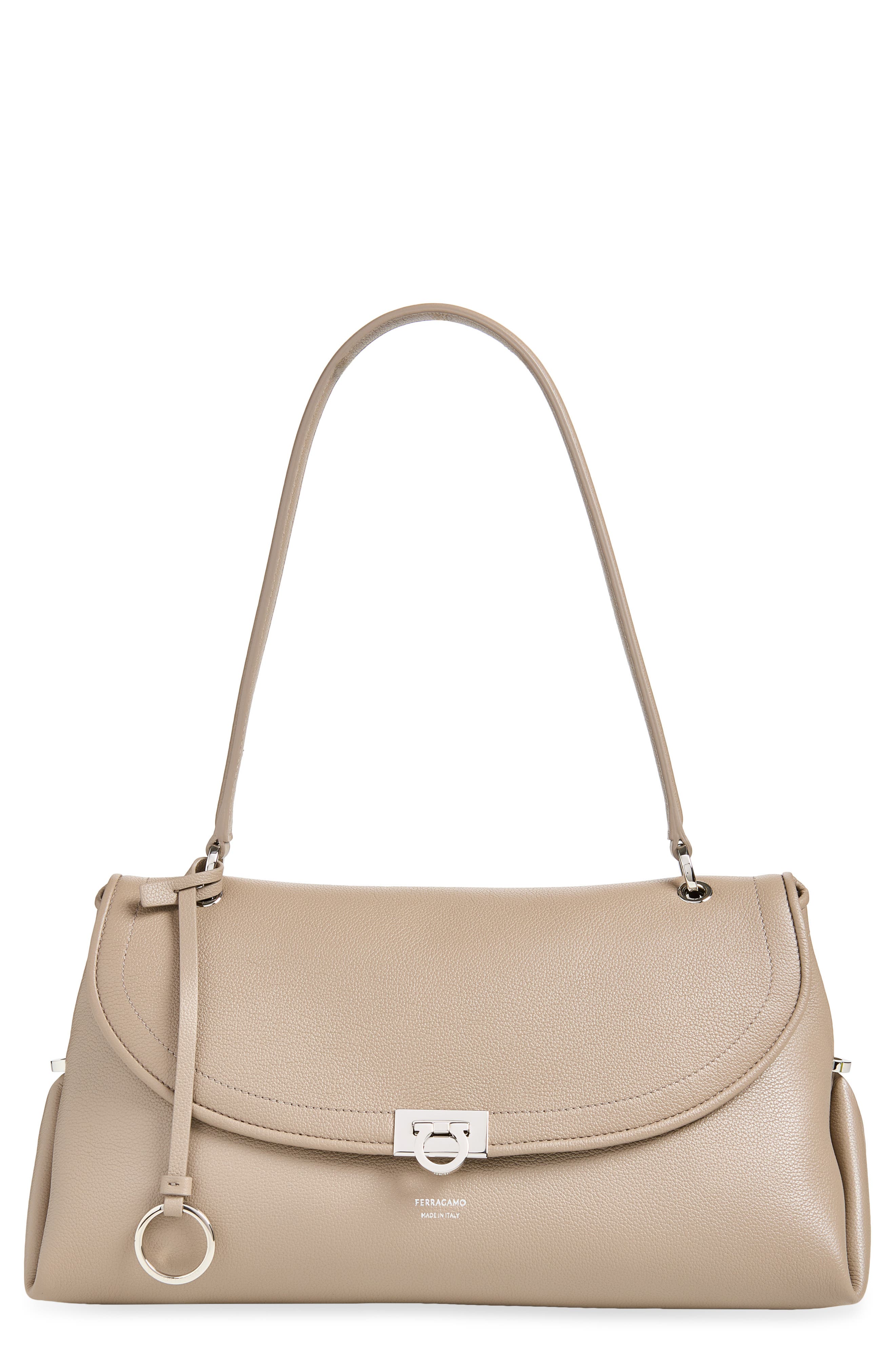 Gancio Leather Shoulder Bag, Main, color, WARM TAUPE T DI MORO