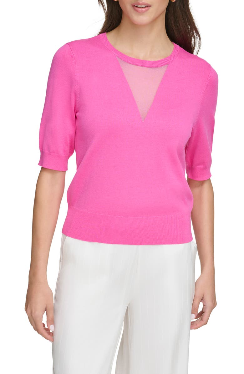 DKNY Sheer Mesh Illusion V-Neck Sweater, Main, color, 
