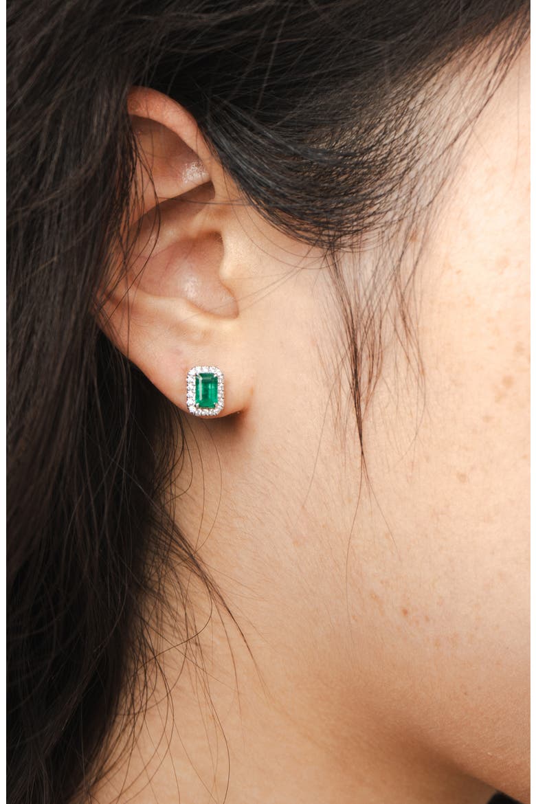 Emerald & Diamond Halo Stud Earrings, Alternate, color, 14K WHITE GOLD