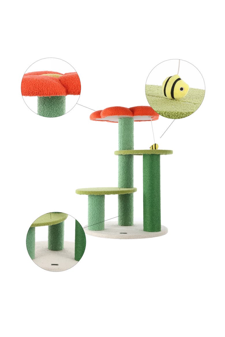 Poppy 3-Tier Modern Jute Flower Cat Tree with Dangling Toy, Alternate, color, Orange/Green
