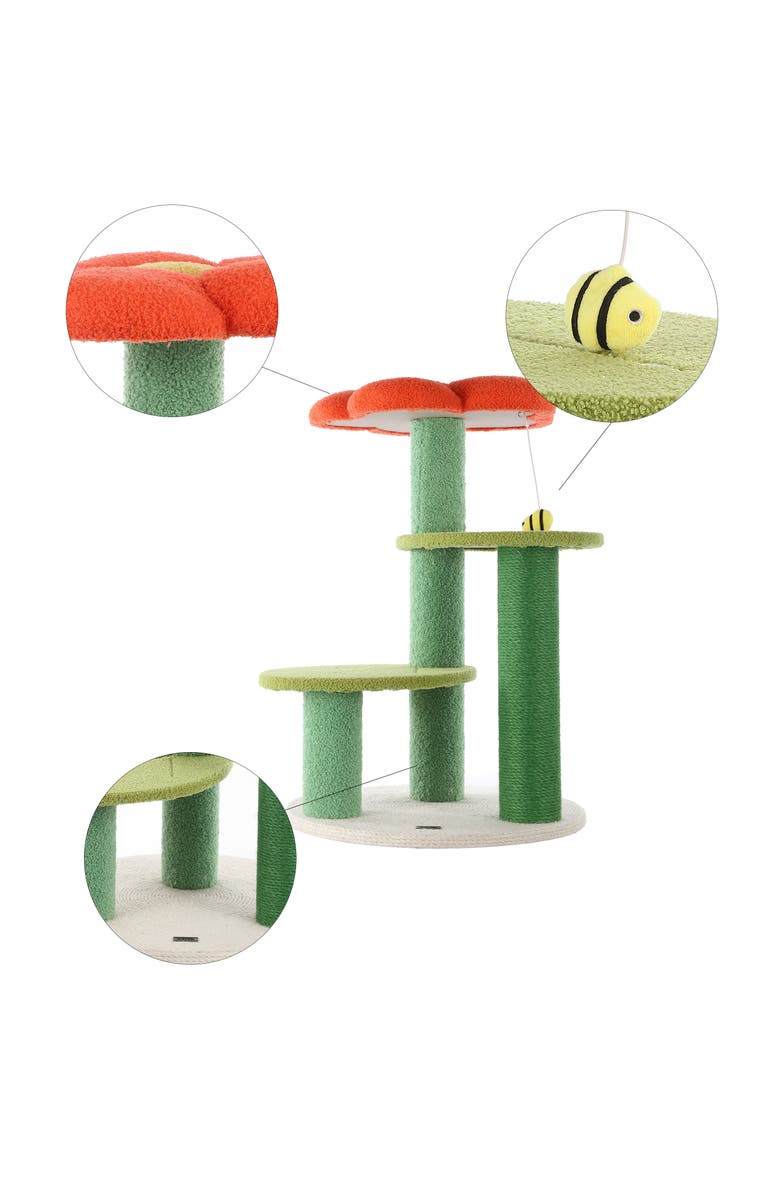The Licker Store Poppy 29" 3-Tier Modern Jute Flower Cat Tree with Dangling Toy, Alternate, color, Orange/Green