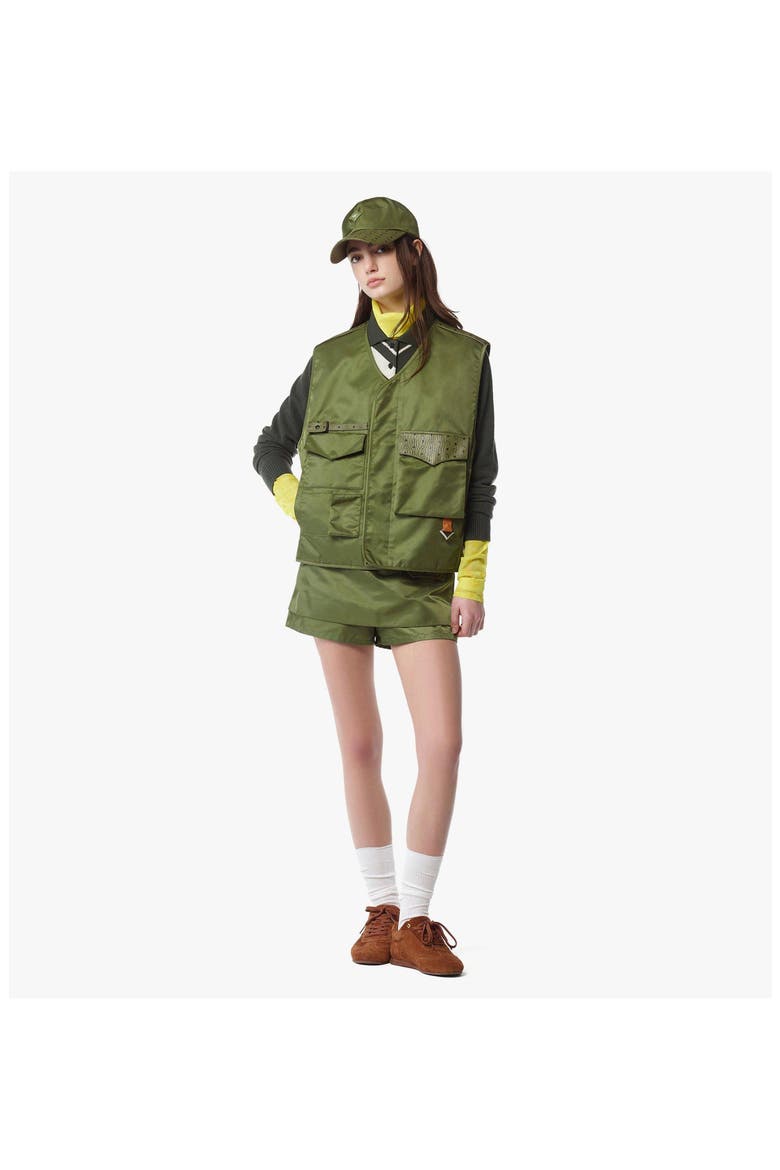 Skirt-Layered Shorts in ECONYL® and Monogram Print Leather, Alternate, color, Khaki-Moss