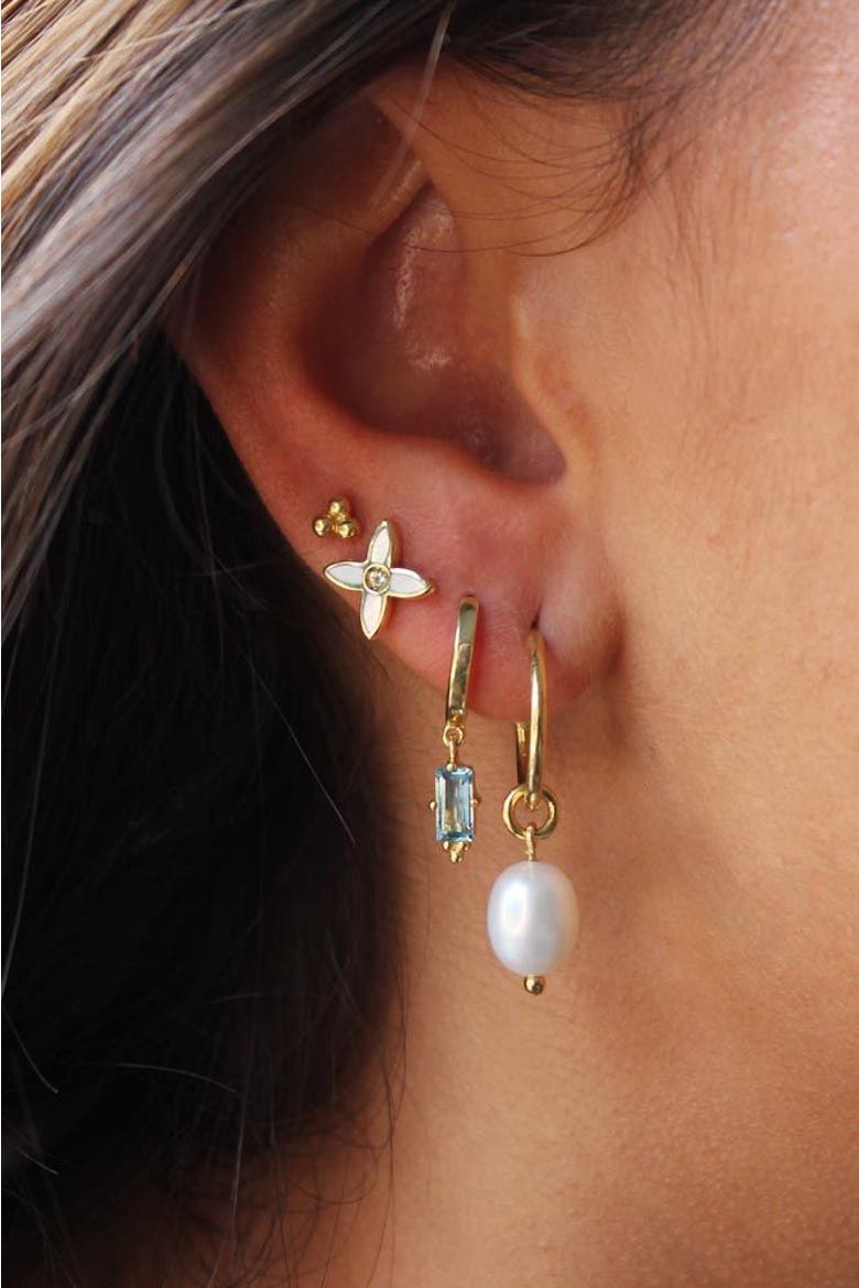 Huggies with Hanging Blue Topaz Baguette, Alternate, color, Yellow Gold