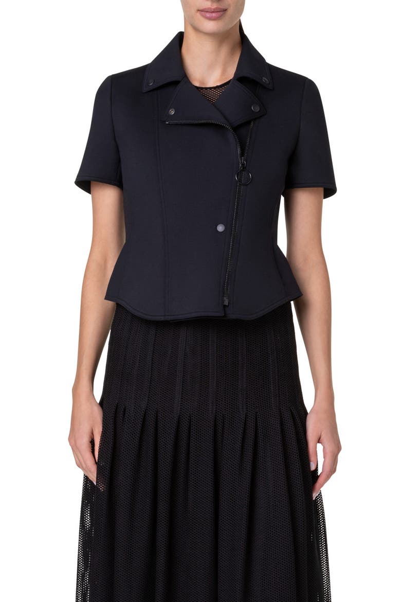 Peplum Short Sleeve Spacer Knit Biker Jacket, Main, color, BLACK