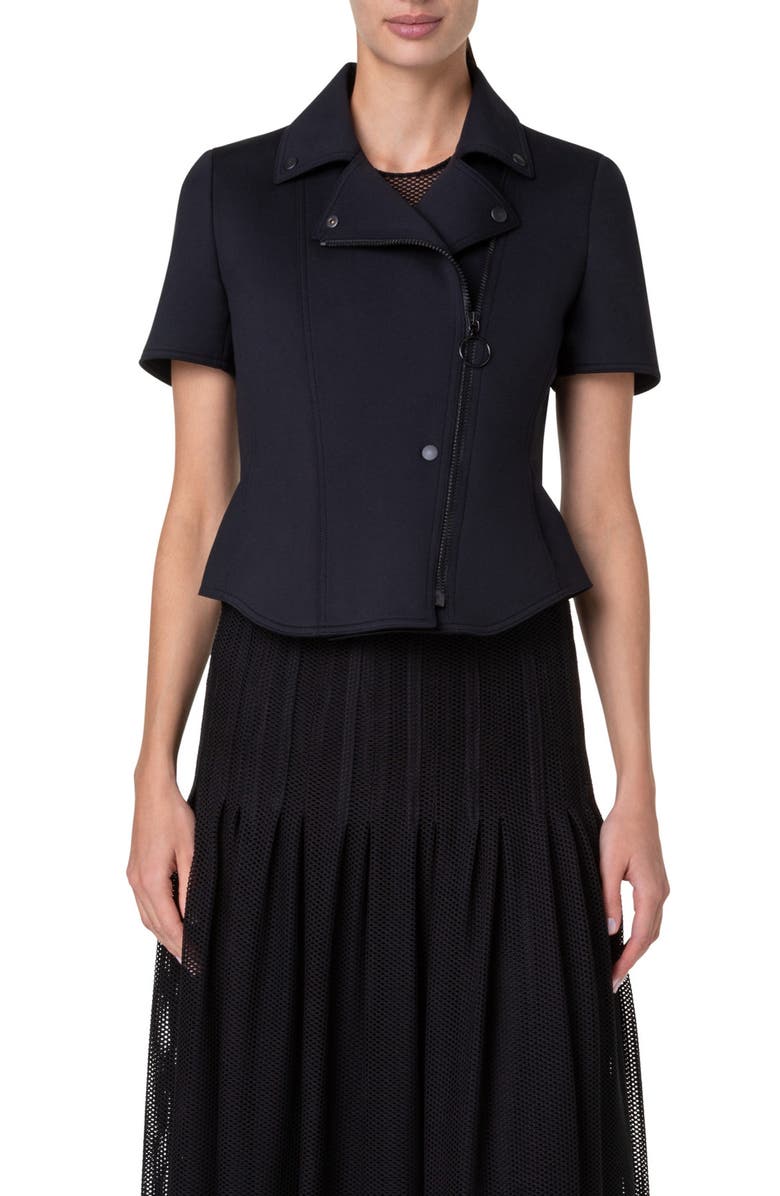 Akris punto Peplum Short Sleeve Spacer Knit Biker Jacket, Main, color, 