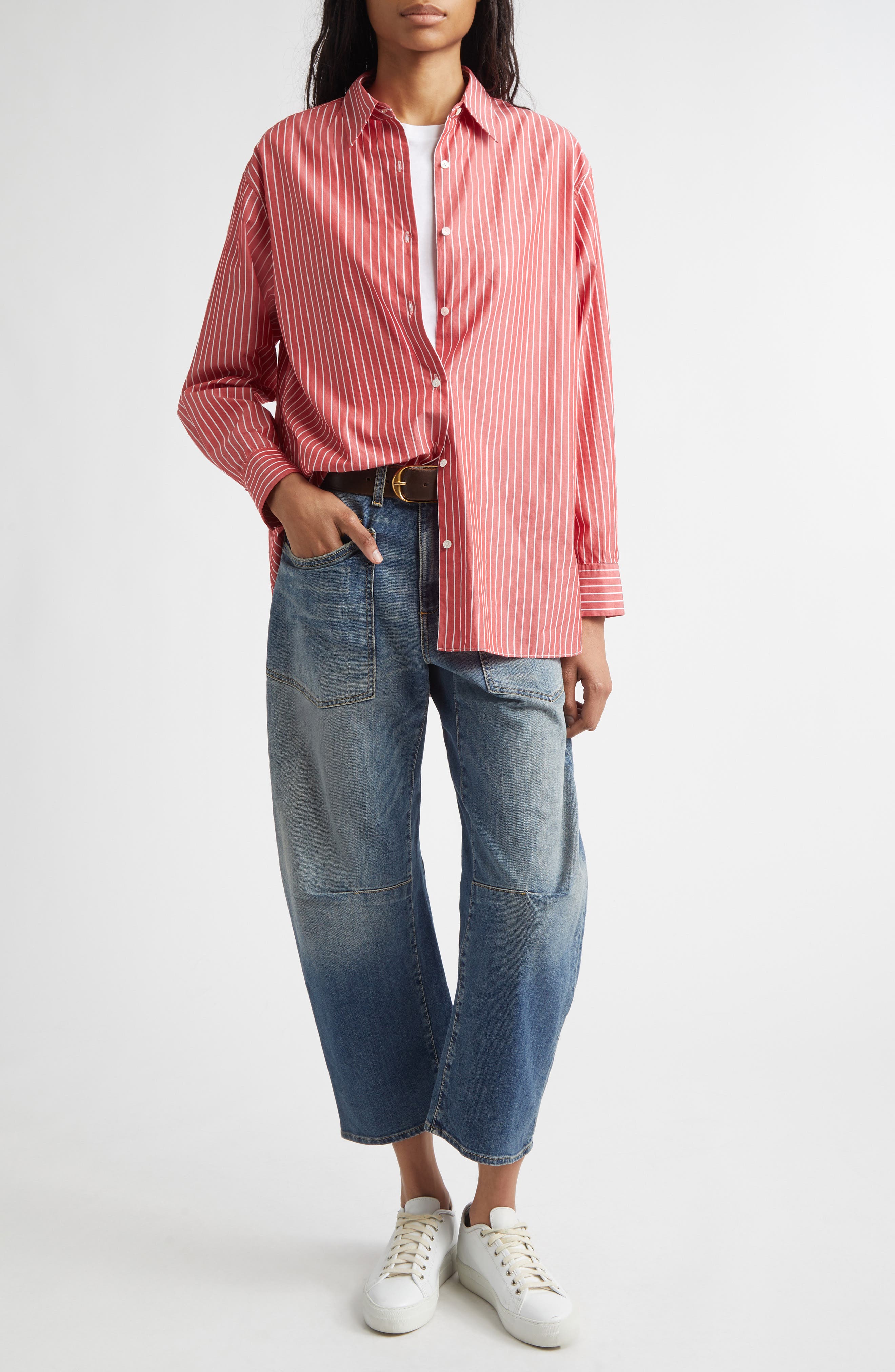 Yorke Stripe High-Low Cotton Poplin Button-Up Shirt - image 2
