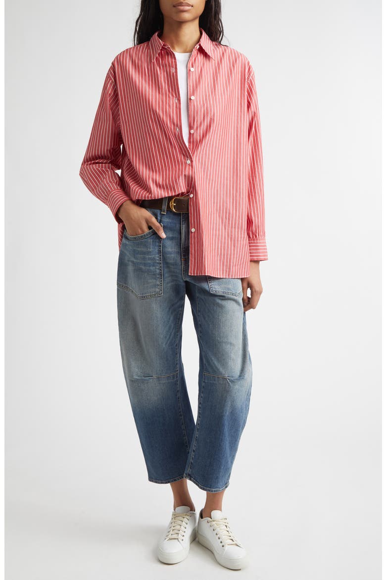 Yorke Stripe High-Low Cotton Poplin Button-Up Shirt, Alternate, color, RED AND WHITE STRIPE