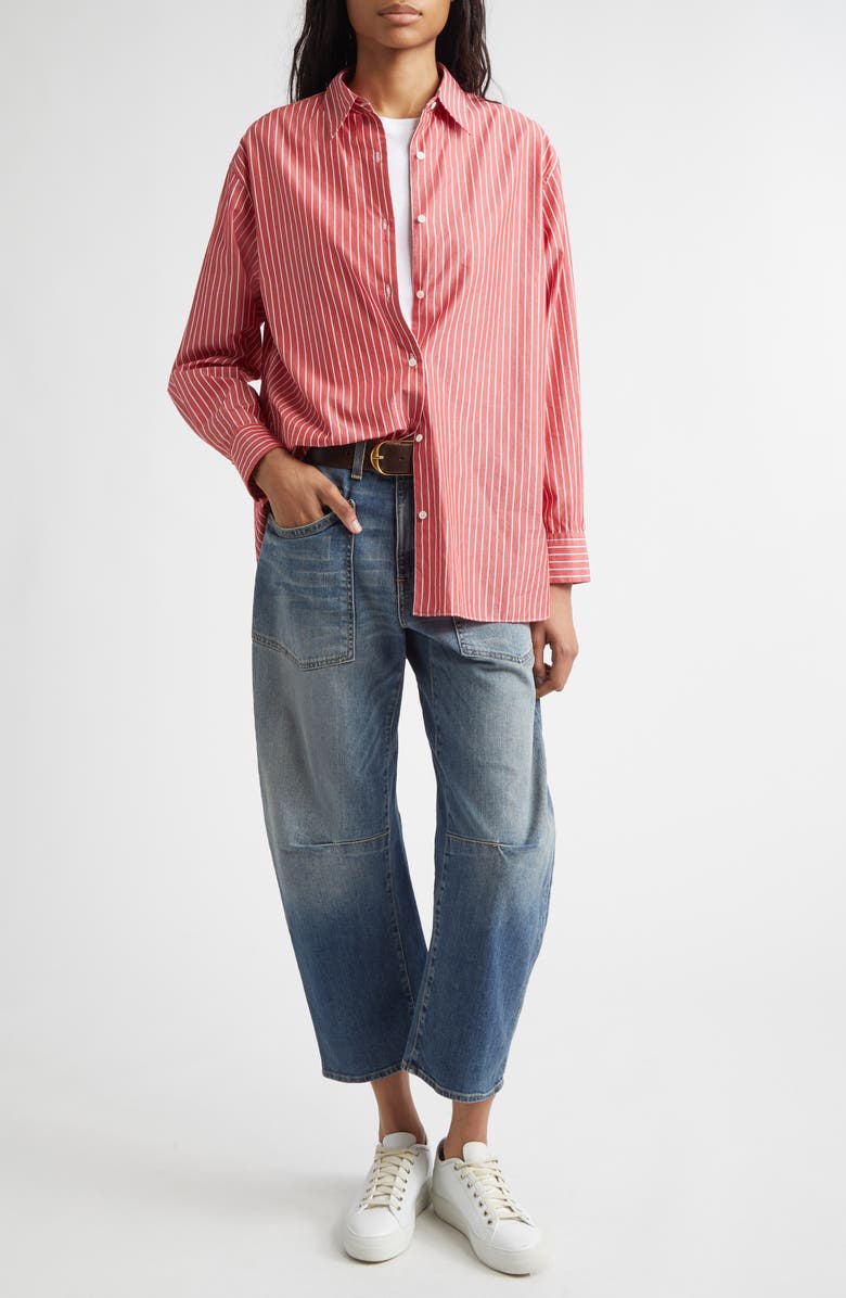 Nili Lotan Yorke Stripe High-Low Cotton Poplin Button-Up Shirt, Alternate, color, Red And White Stripe