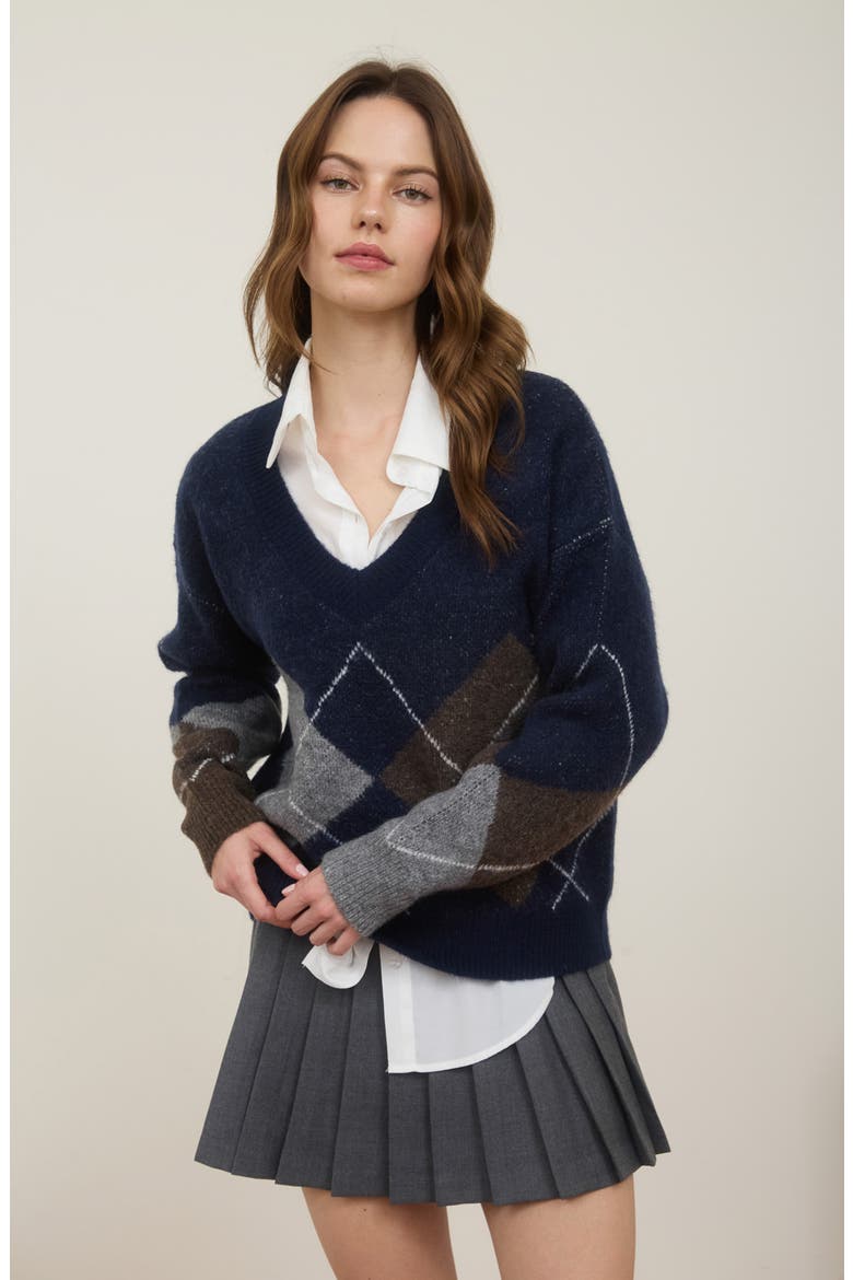 Argyle V-Neck Pullover Sweater, Alternate, color, NAVY