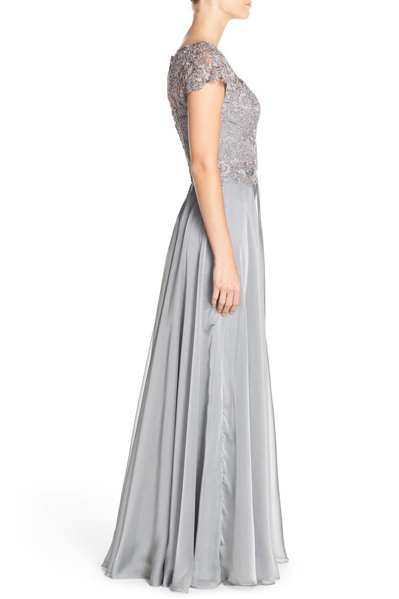 Lace & Satin A-Line Gown, Alternate, color, PLATINUM