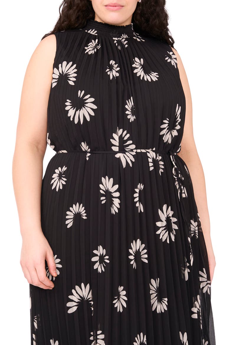 Daisy Print Sleeveless Pleated Maxi Dress, Alternate, color, RICH BLACK 060