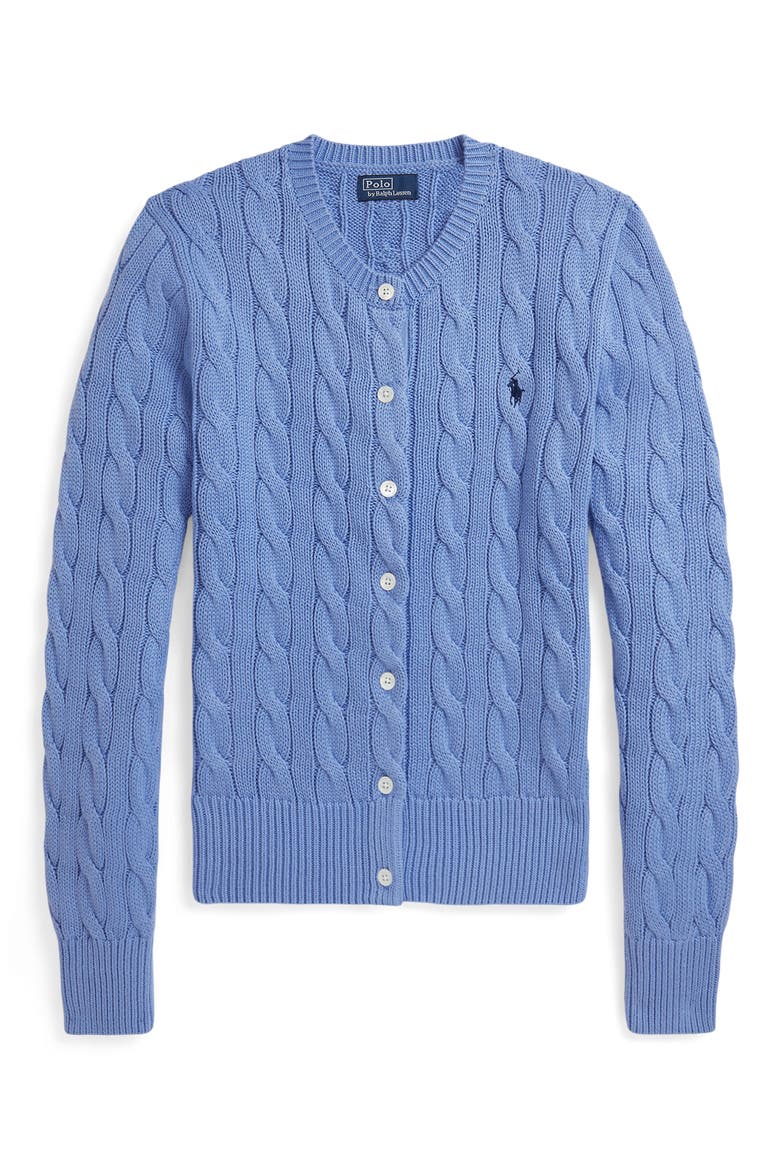 Cable Knit Cotton Crewneck Cardigan, Main, color, NEW LITCHFIELD BLUE