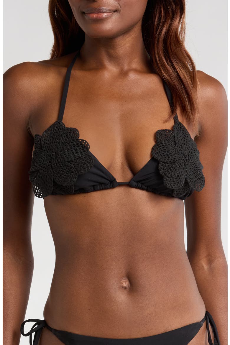 Fleur Triangle String Bikini Top, Main, color, JET BLACK