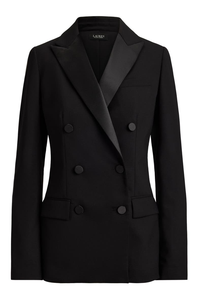 Satin-Trimmed Double Breasted Stretch Wool Blazer, Alternate, color, BLACK
