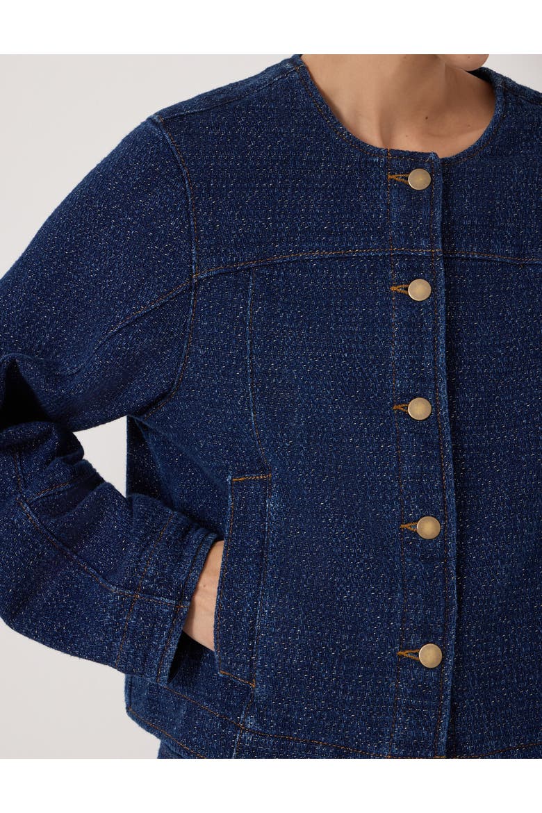 Collarless Lurex Denim Jacket, Alternate, color, Indigo Gold