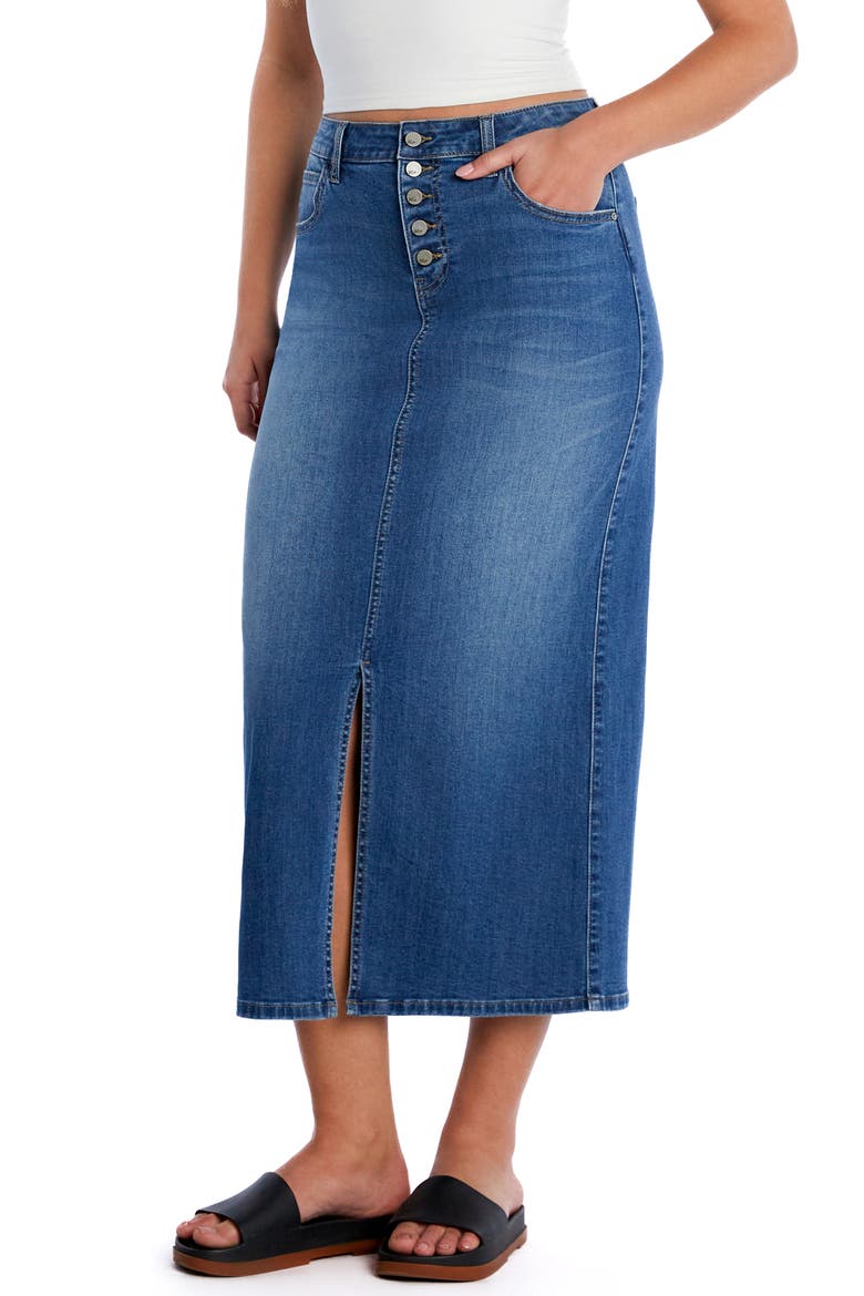 Exposed Button Fly Denim Midi Skirt, Alternate, color, RELAXED BLUE