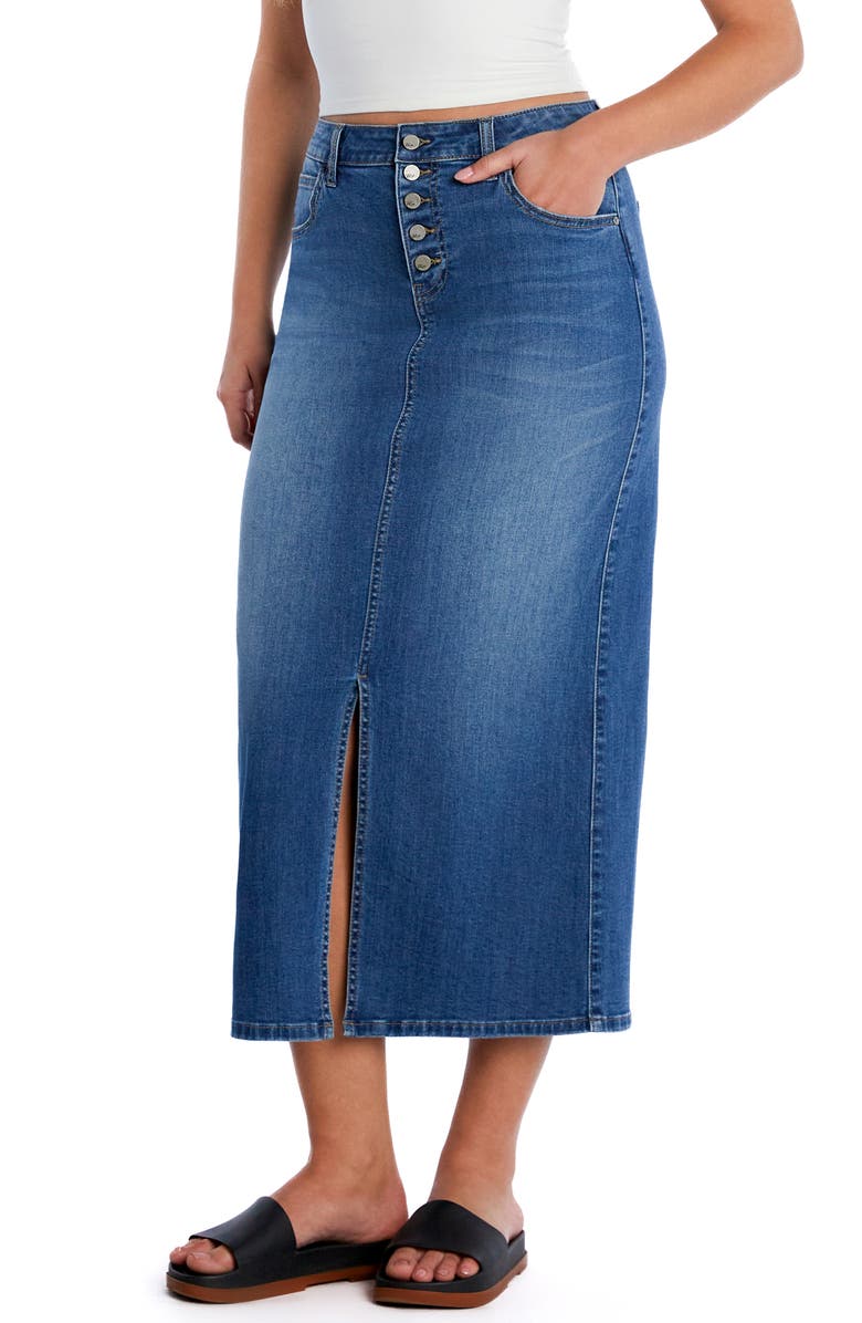 Wash Lab Denim Exposed Button Fly Denim Midi Skirt, Alternate, color, Relaxed Blue