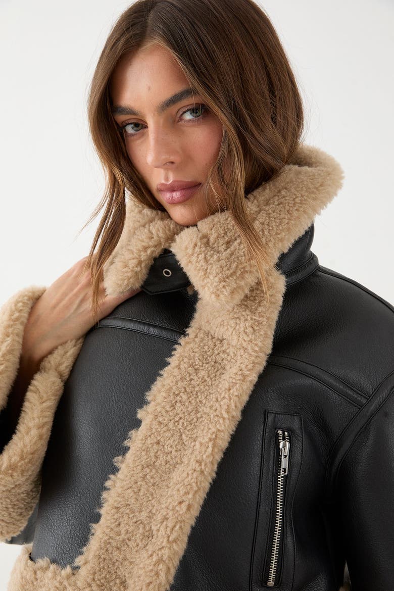 Pu Faux Fur Trim Aviator Jacket, Alternate, color, Black