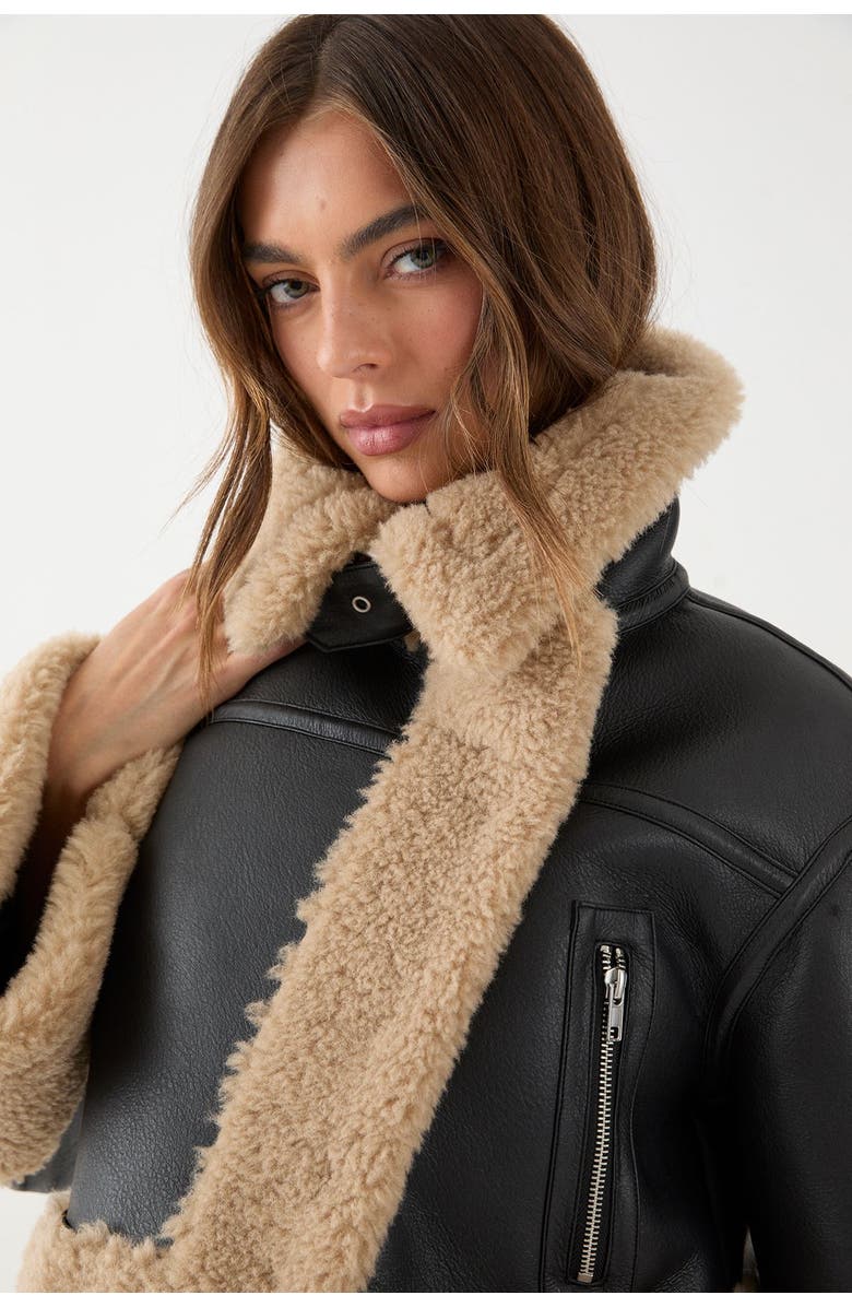 MissPap Pu Faux Fur Trim Aviator Jacket, Alternate, color, Black