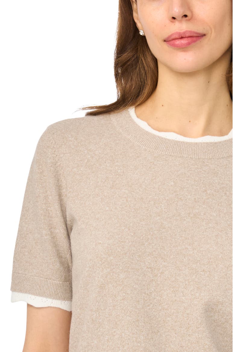 Lace Trim Short Sleeve Crewneck Sweater, Alternate, color, LIGHT HEATHER TAUPE