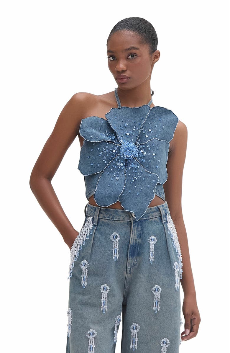 PatBO Nostalgic Sky Denim Flower Top, Main, color, 