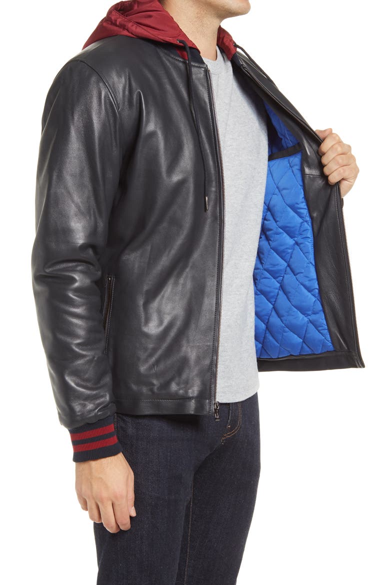 Hooded Leather Jacket, Alternate, color, BLACK