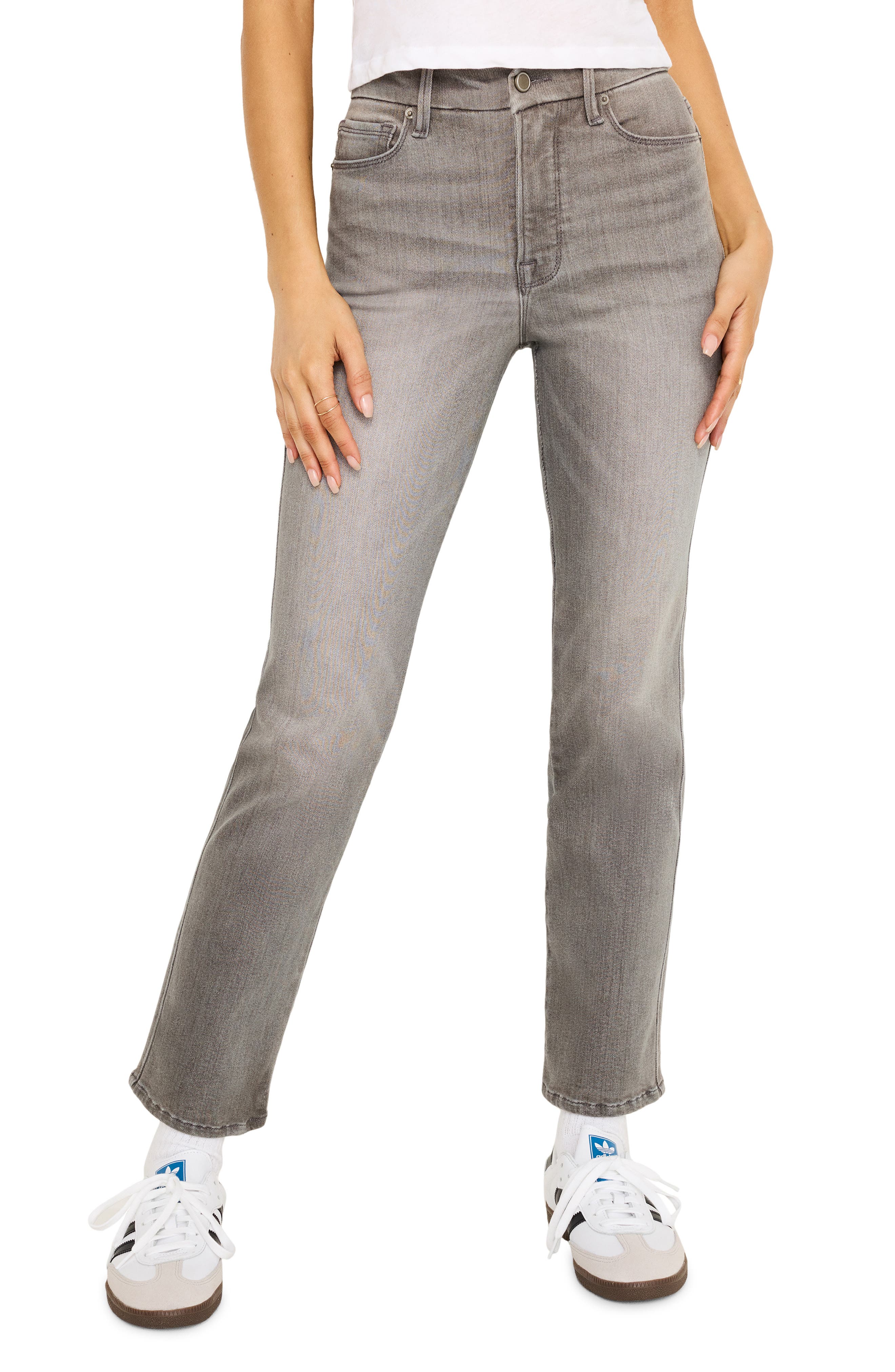 Good American Good Curve Raw Hem High Waist Straight Leg Jeans