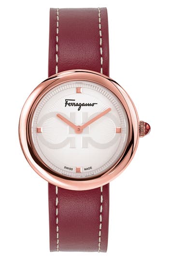 Ferragamo Salvatore Chic Leather Strap Watch, 32mm In Burgundy