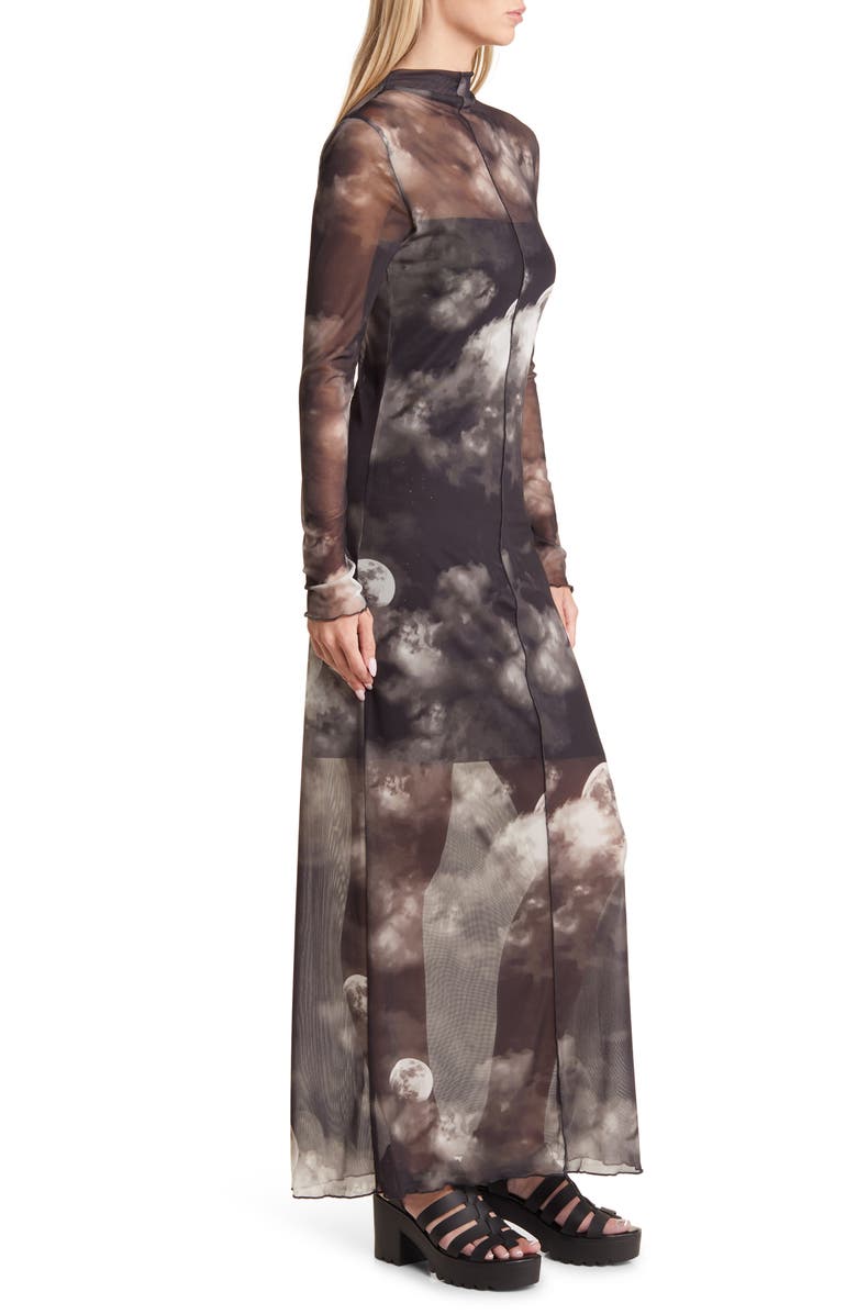 Noisy may Luna Mock Neck Long Sleeve Mesh Dress, Alternate, color, Black Aop Moon