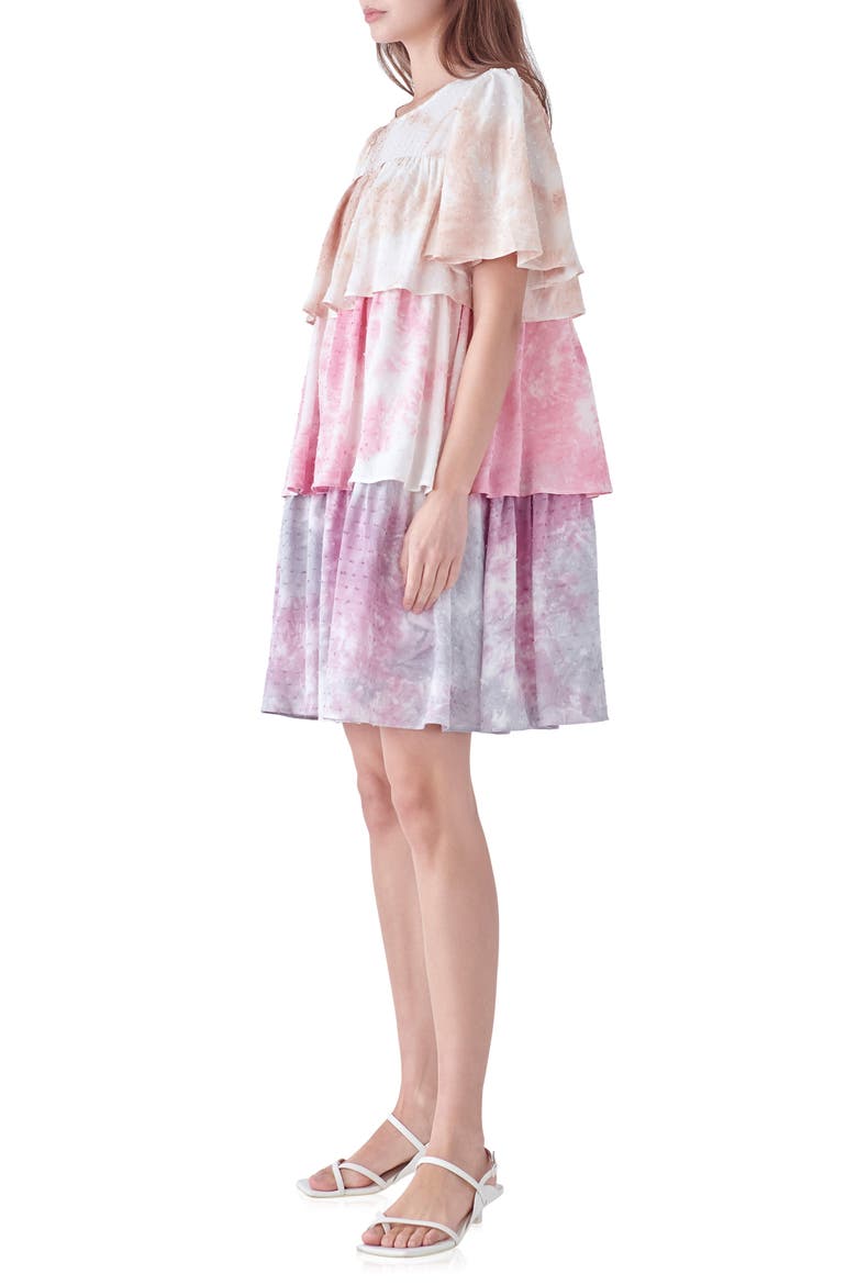 Tie Dye Swiss Dot Tiered Dress, Alternate, color, PINK MULTI