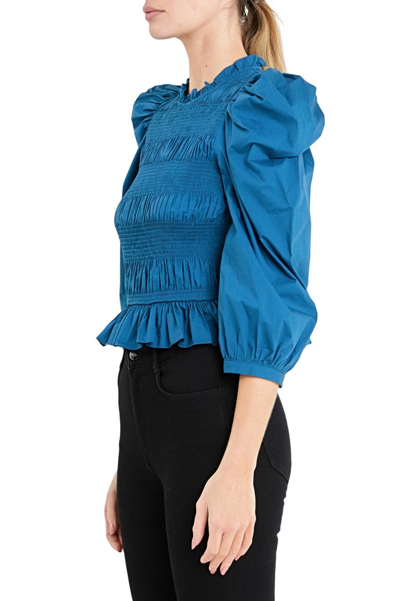 Smocked Puff Shoulder Poplin Top, Alternate, color, TEAL BLUE