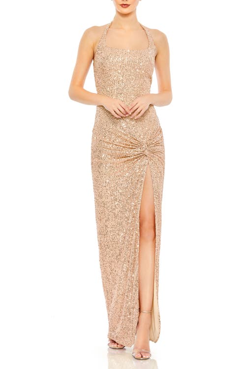 Mac Duggal Sequined Halter Strap Low Side Knot Gown In Rose Gold