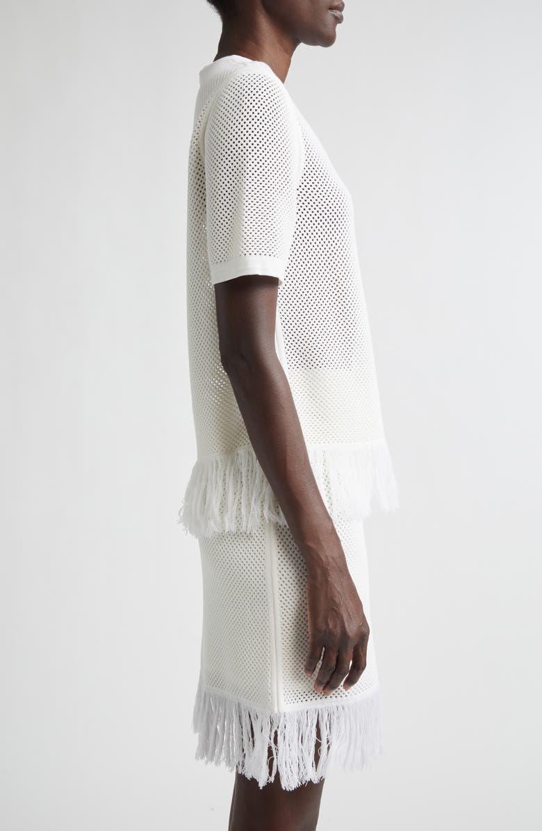 FERRAGAMO Open Knit Fringe Short Sleeve Virgin Wool Sweater, Alternate, color, White