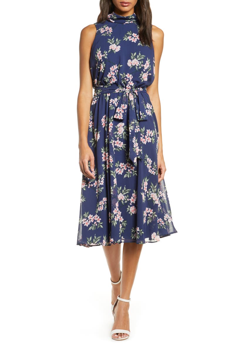 Floral Sleeveless Chiffon Midi Dress, Main, color, NAVY