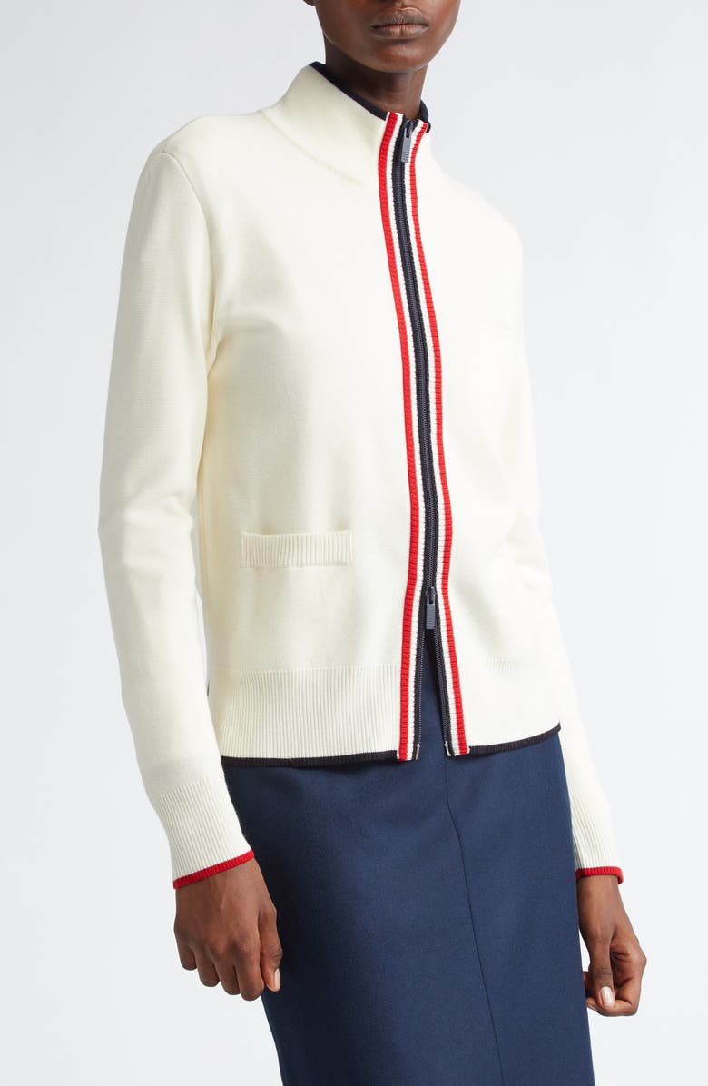 Thom Browne Tricolor Trim Virgin Wool Zip-Up Cardigan, Alternate, color,