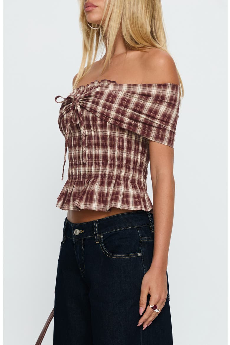 Avalynn Check Smocked Off the Shoulder Top, Alternate, color, BROWN CHECK