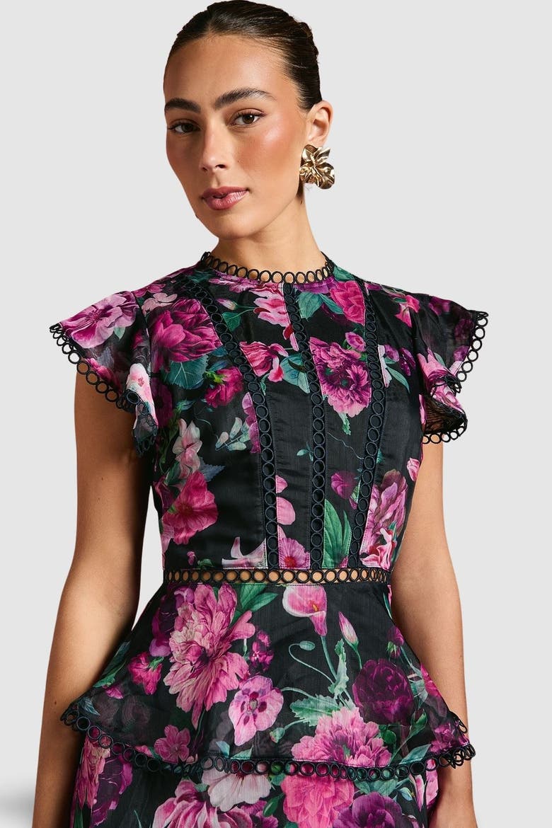 Lace Trim Tiered Organza Midi Dress, Alternate, color, Navy