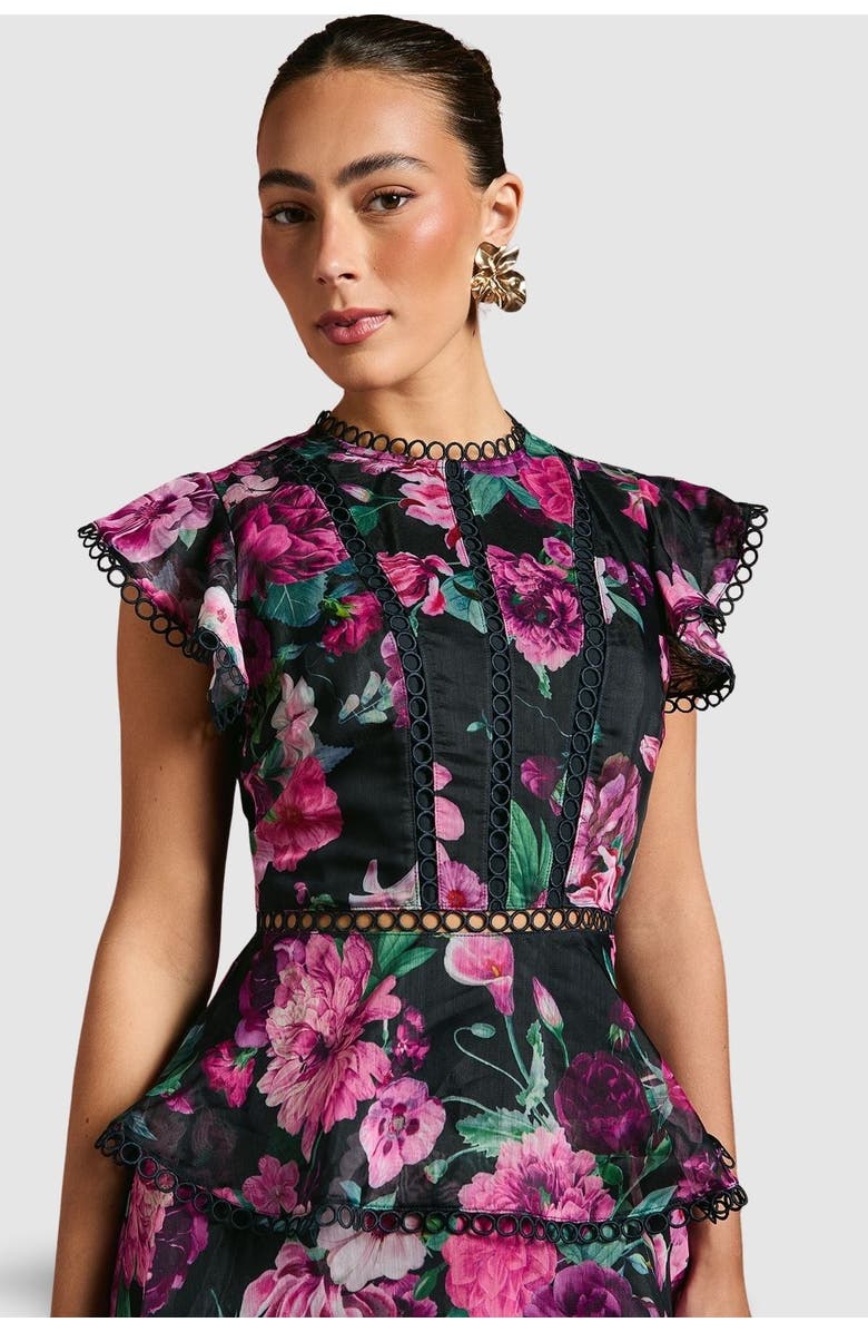 Coast Lace Trim Tiered Organza Midi Dress, Alternate, color, Navy