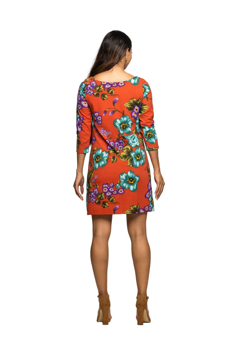 Floral Print Three Quarter Sleeve A-Line Knee Length Dress, Alternate, color, Orange Multi