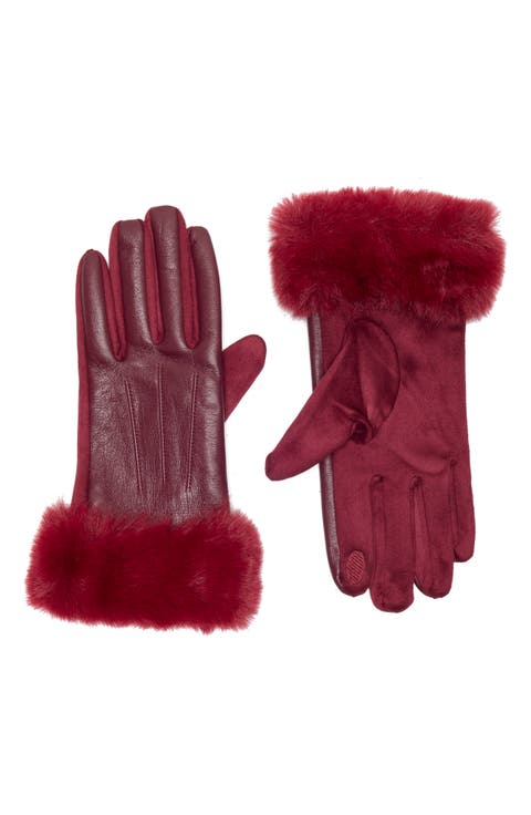 Faux Fur Cuff Faux Leather Gloves